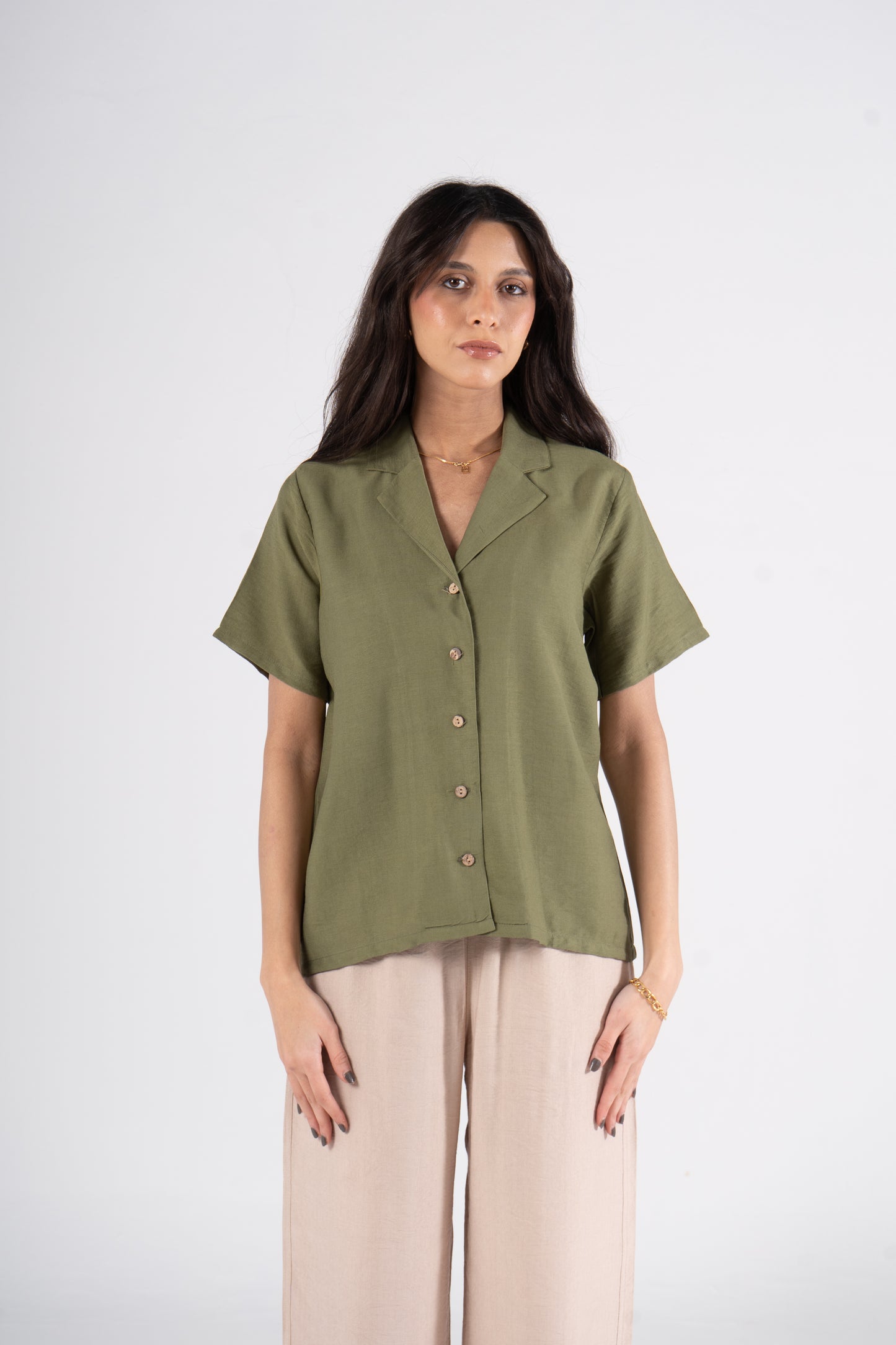 Olive Short Sleeves Linen Shirt