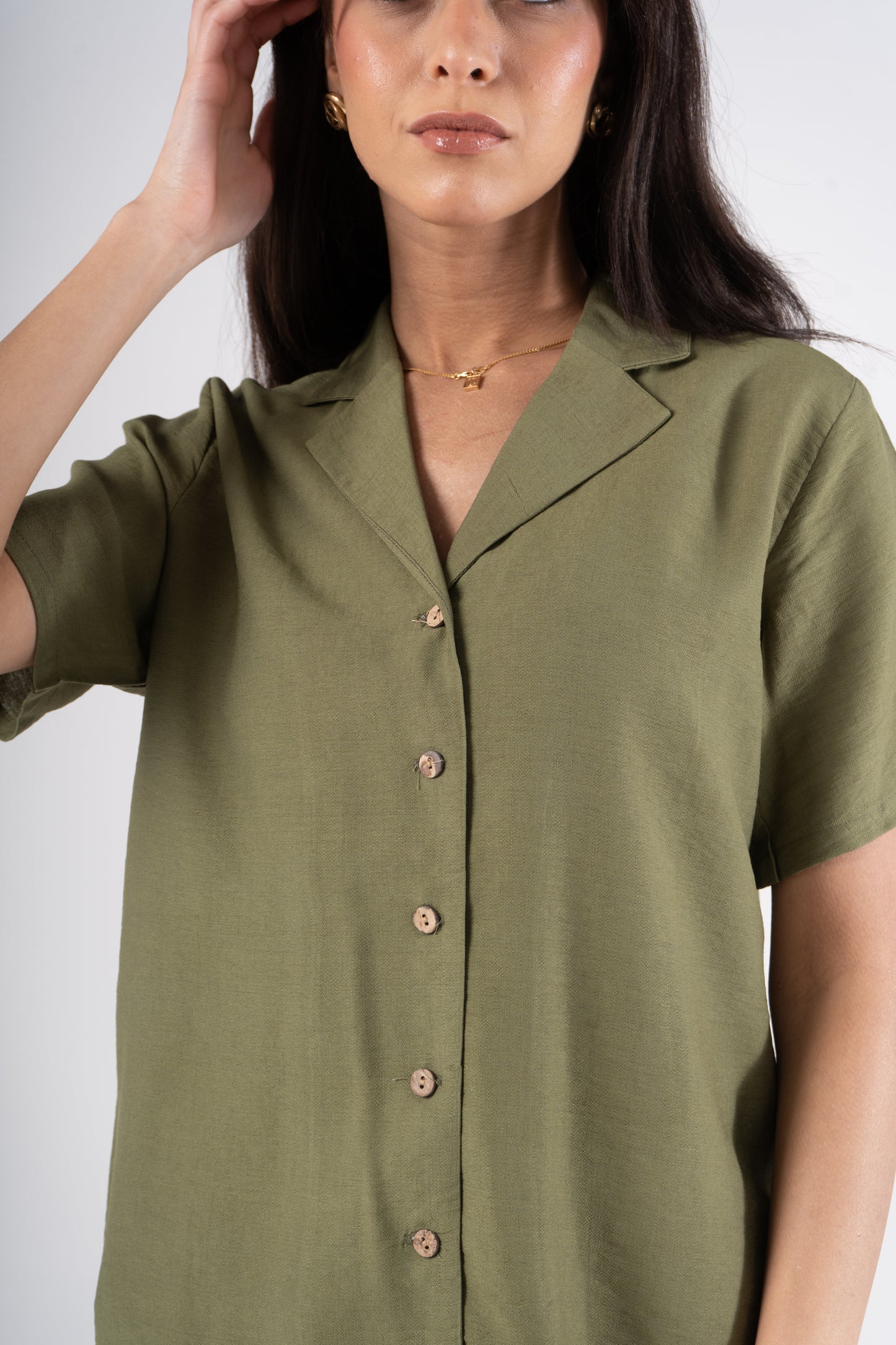 Olive Short Sleeves Linen Shirt