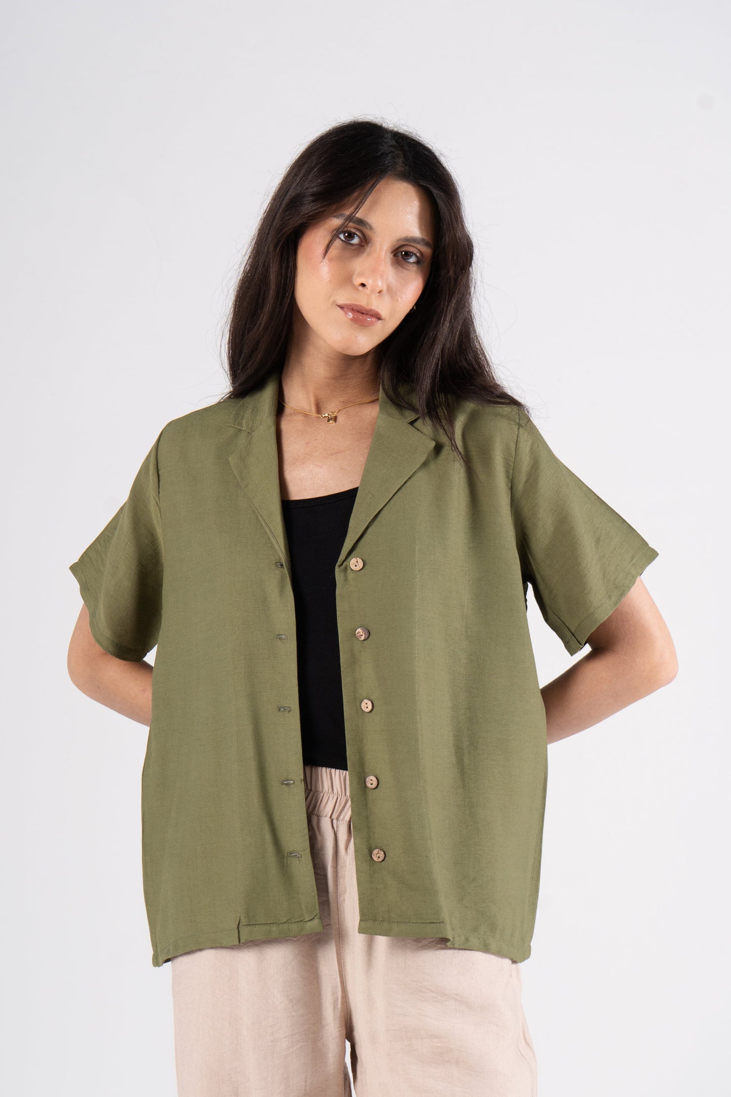 Olive Short Sleeves Linen Shirt
