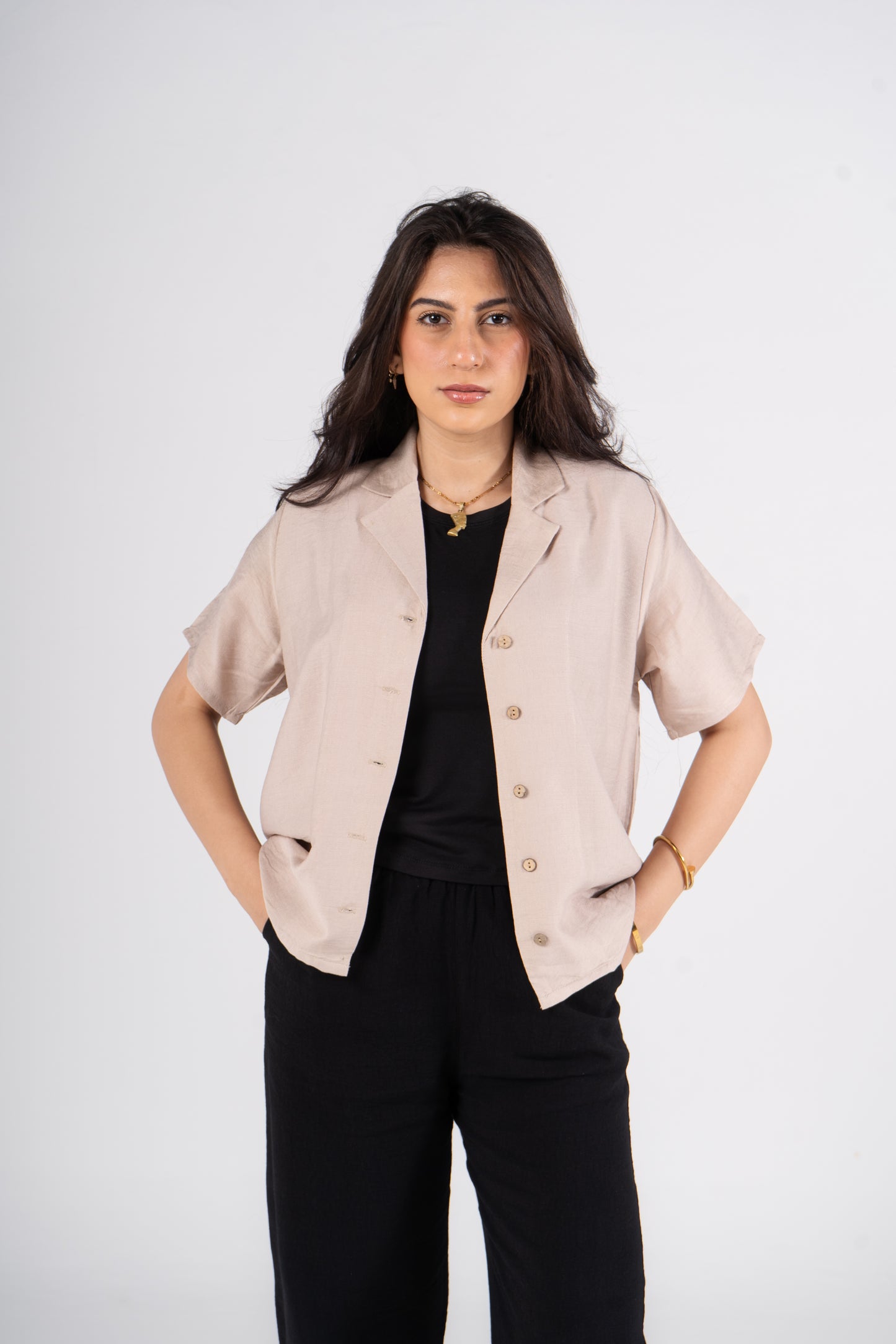Beige Short Sleeves Linen Shirt