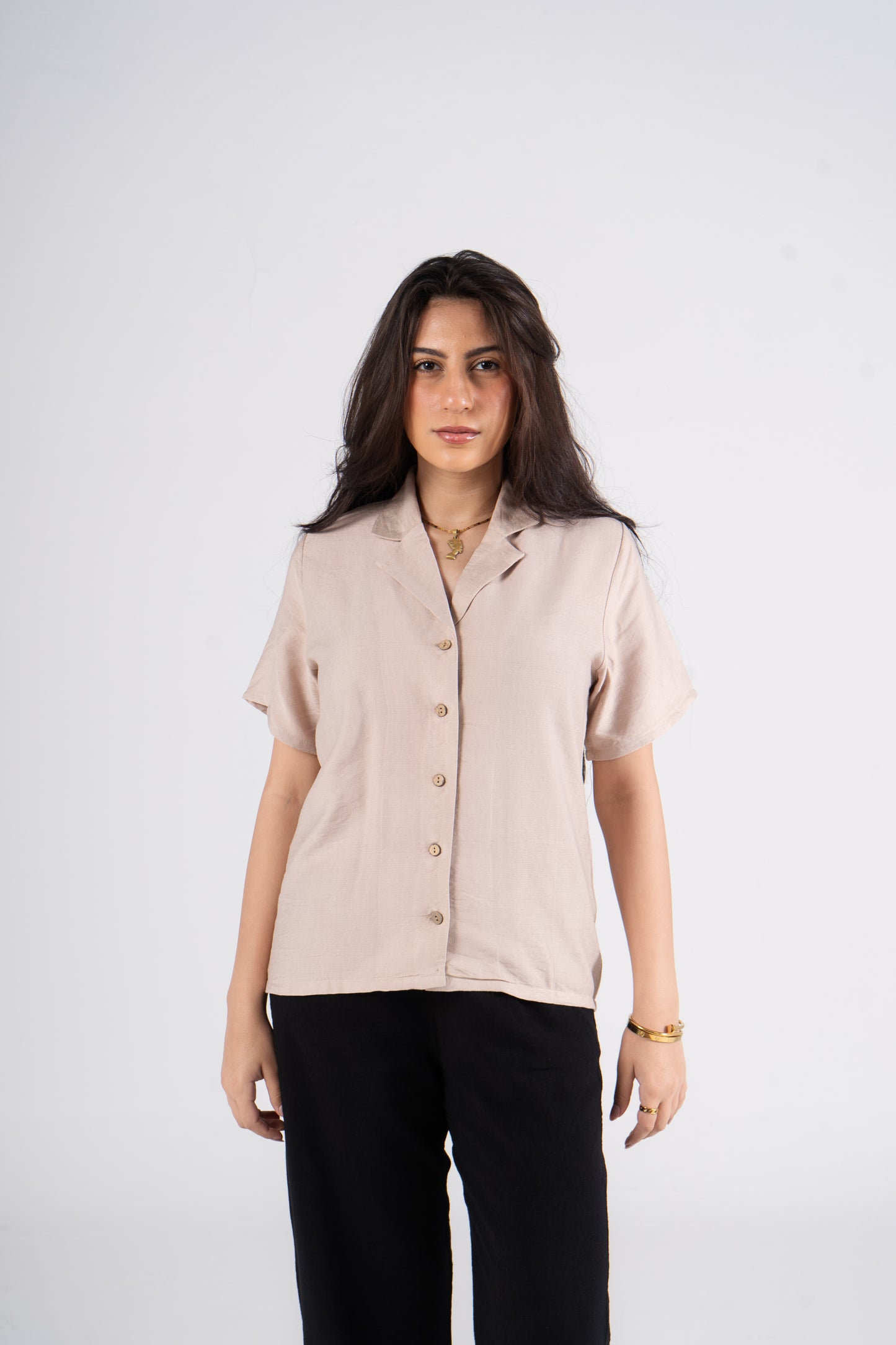 Beige Short Sleeves Linen Shirt