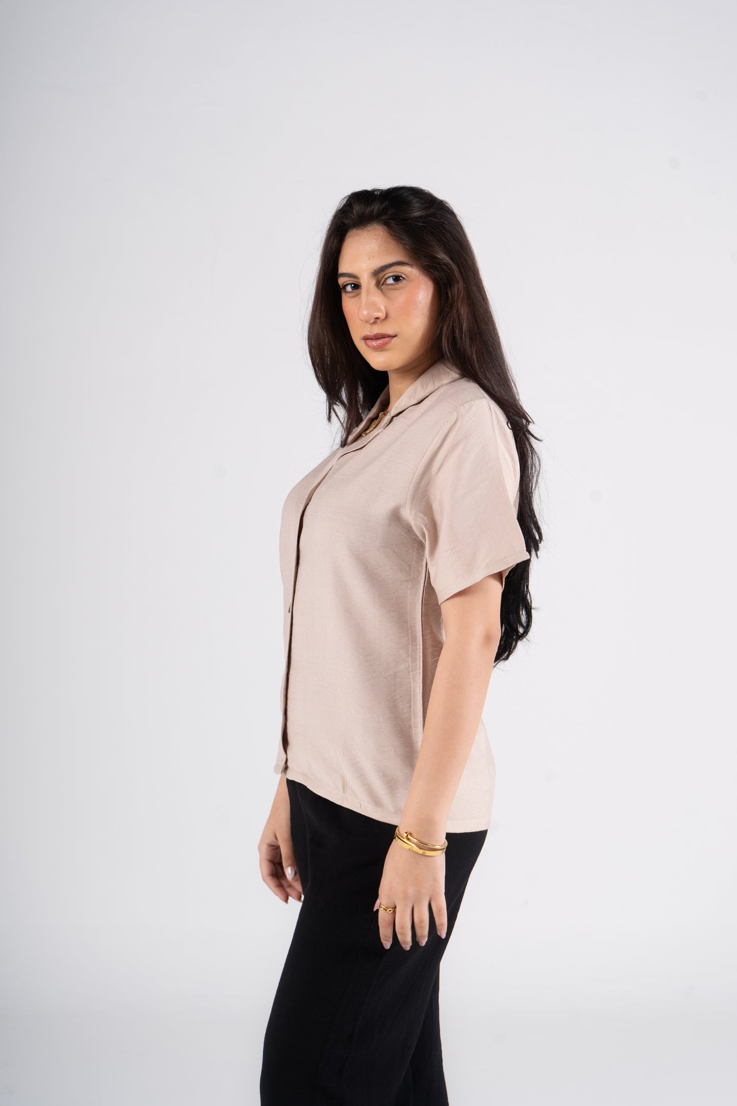 Beige Short Sleeves Linen Shirt