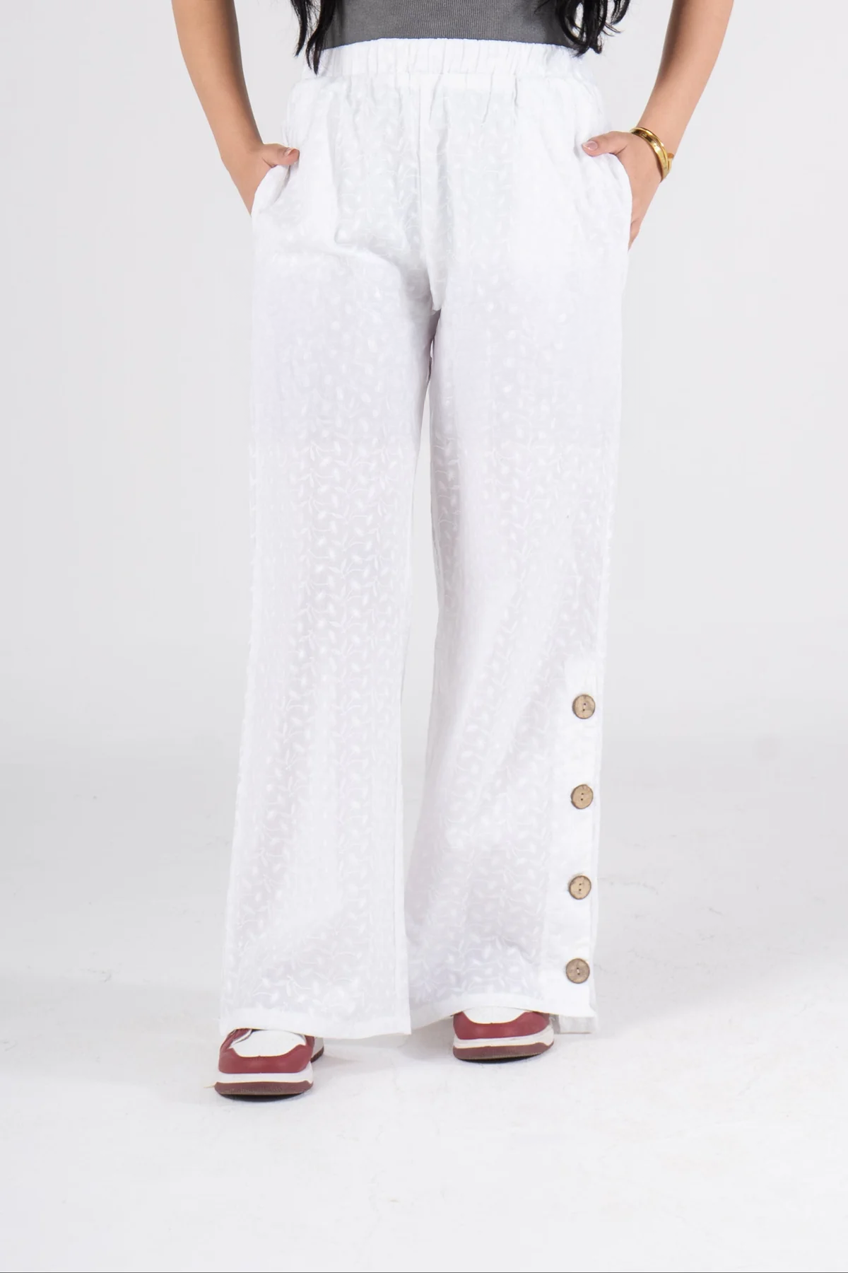 Wide Leg Eyelet Pants with Side Buttons
