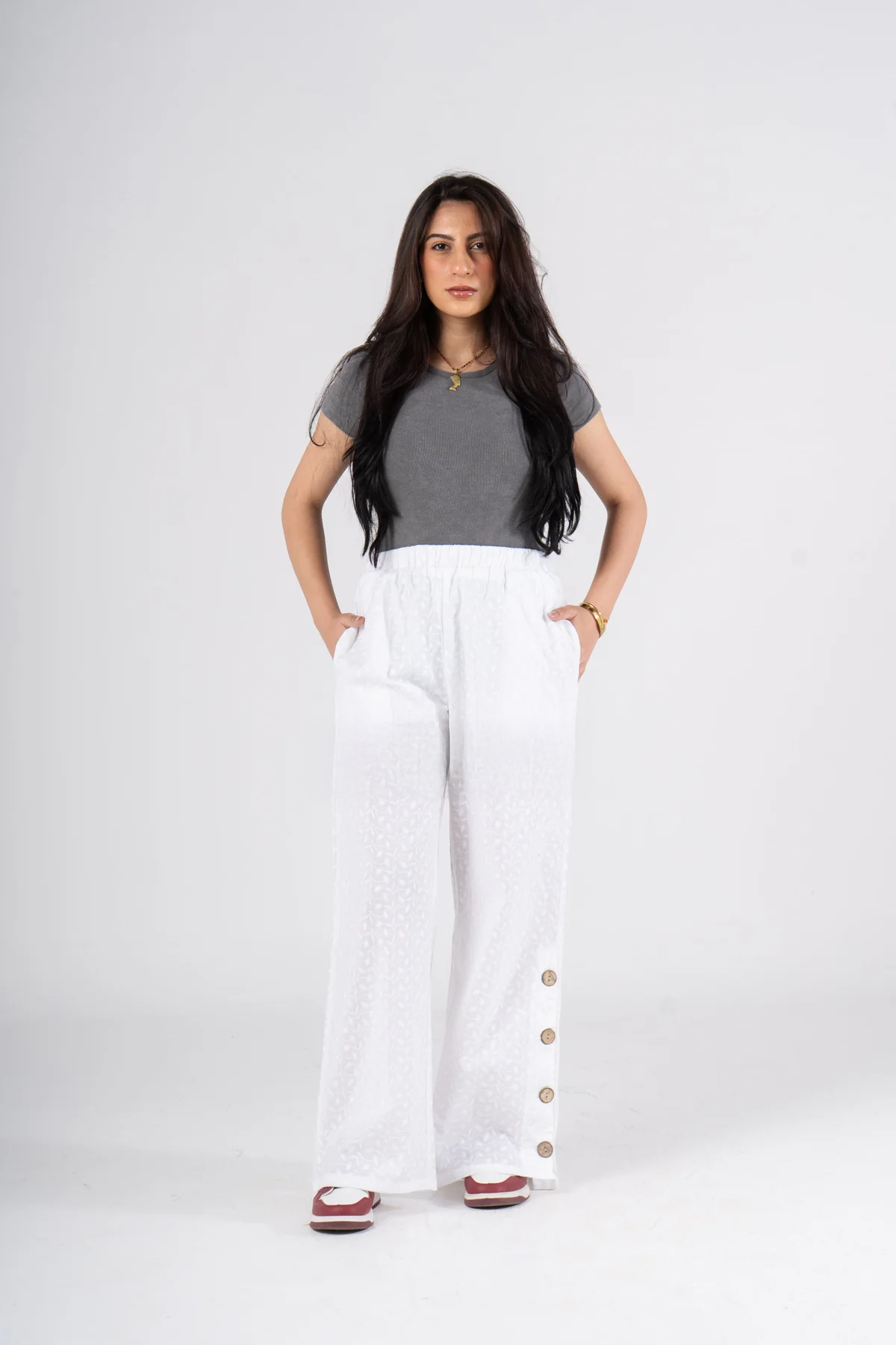 Wide Leg Eyelet Pants with Side Buttons