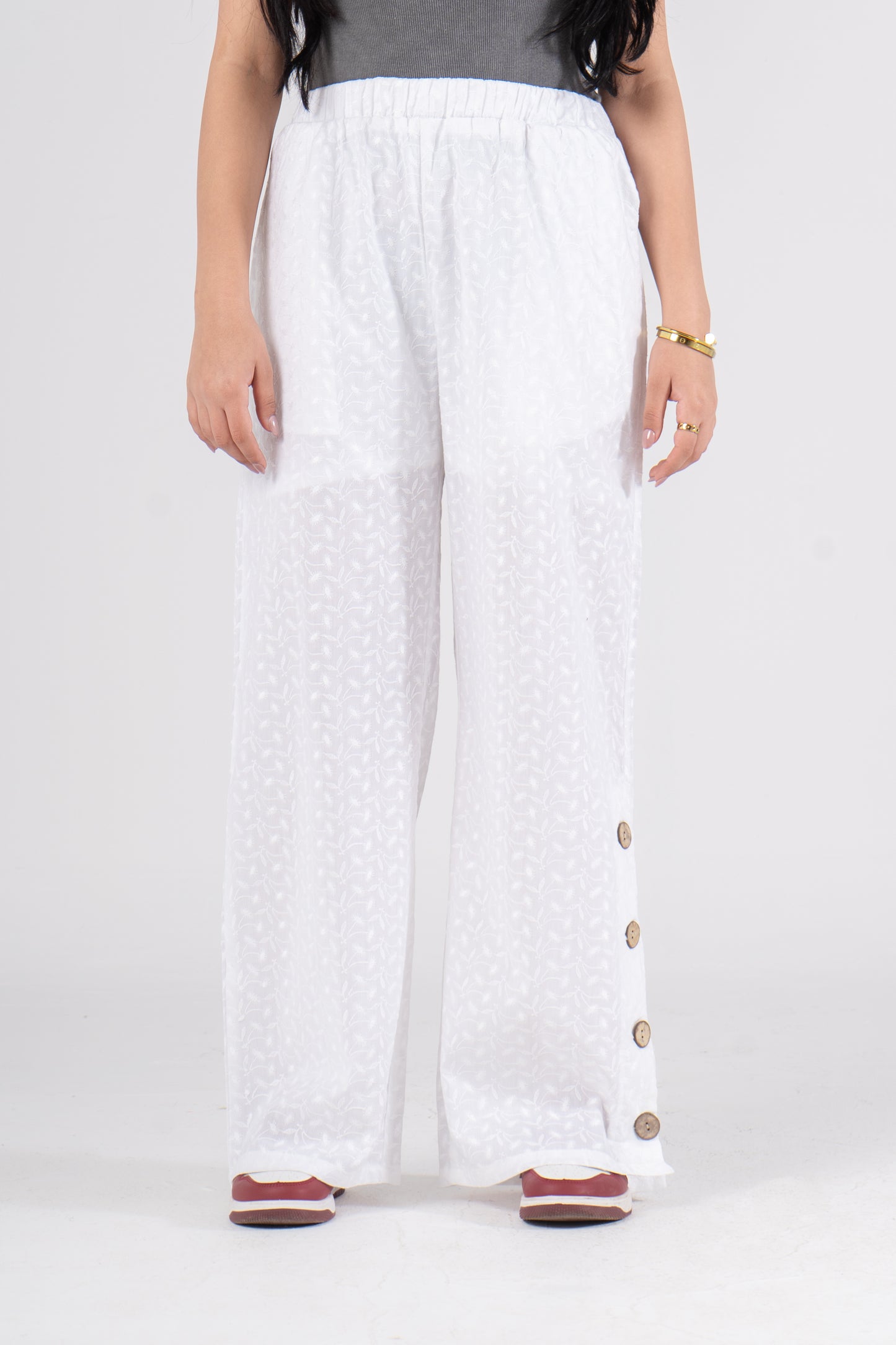 Wide Leg Eyelet Pants with Side Buttons