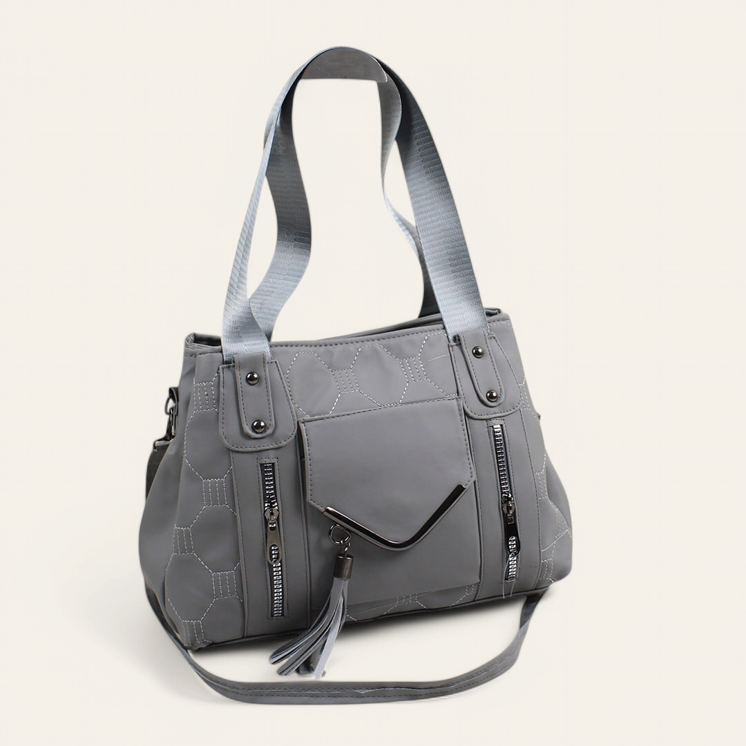 Gray Leather Shoulder Bag with Long Strap