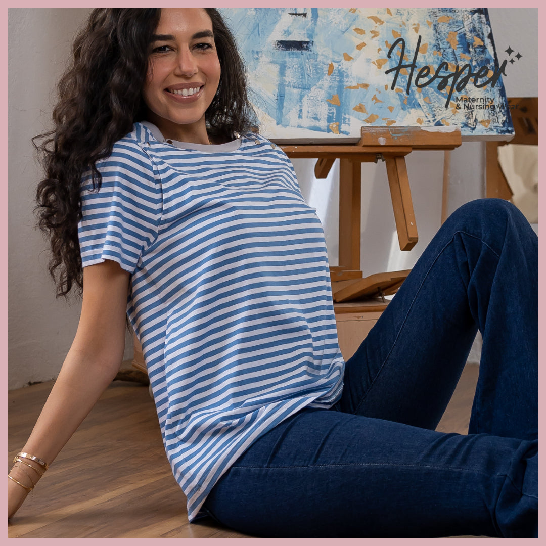 Blue Summer Snap Nursing Maternity T-Shirt