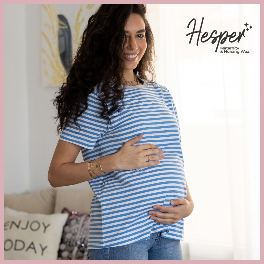 Blue Summer Snap Nursing Maternity T-Shirt