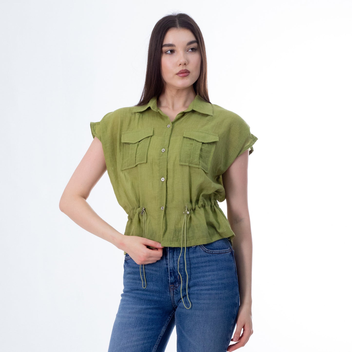 Olive Cropped Blouse with Flap Pockets - بلوزة زيتونية قصيرة مع جيوب