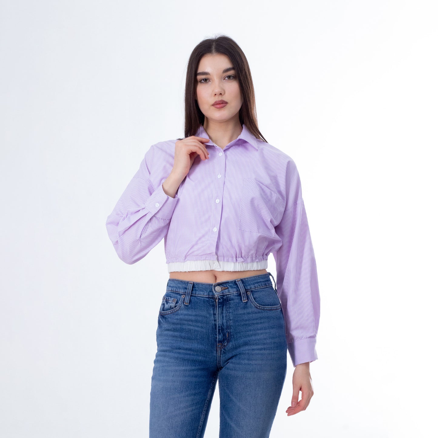 Lavender Striped Cropped Blouse - بلوزة قصيرة مخططة باللون الخزامي