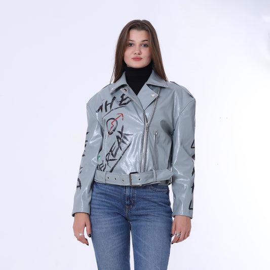 جاكيت جلدي مطبوع بحزام نعناعي وواسع الورك