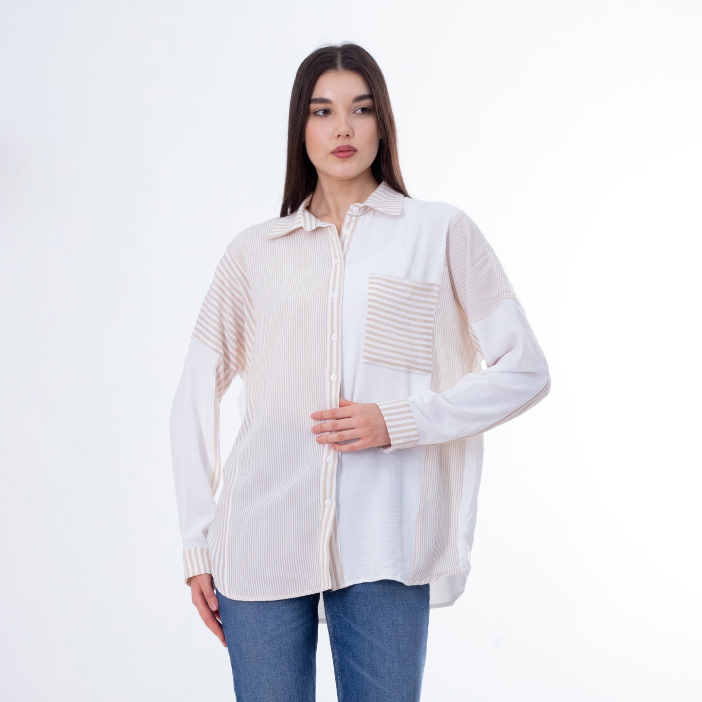 Beige CY Striped Shirt - قميص مخطط باللون البيج CY