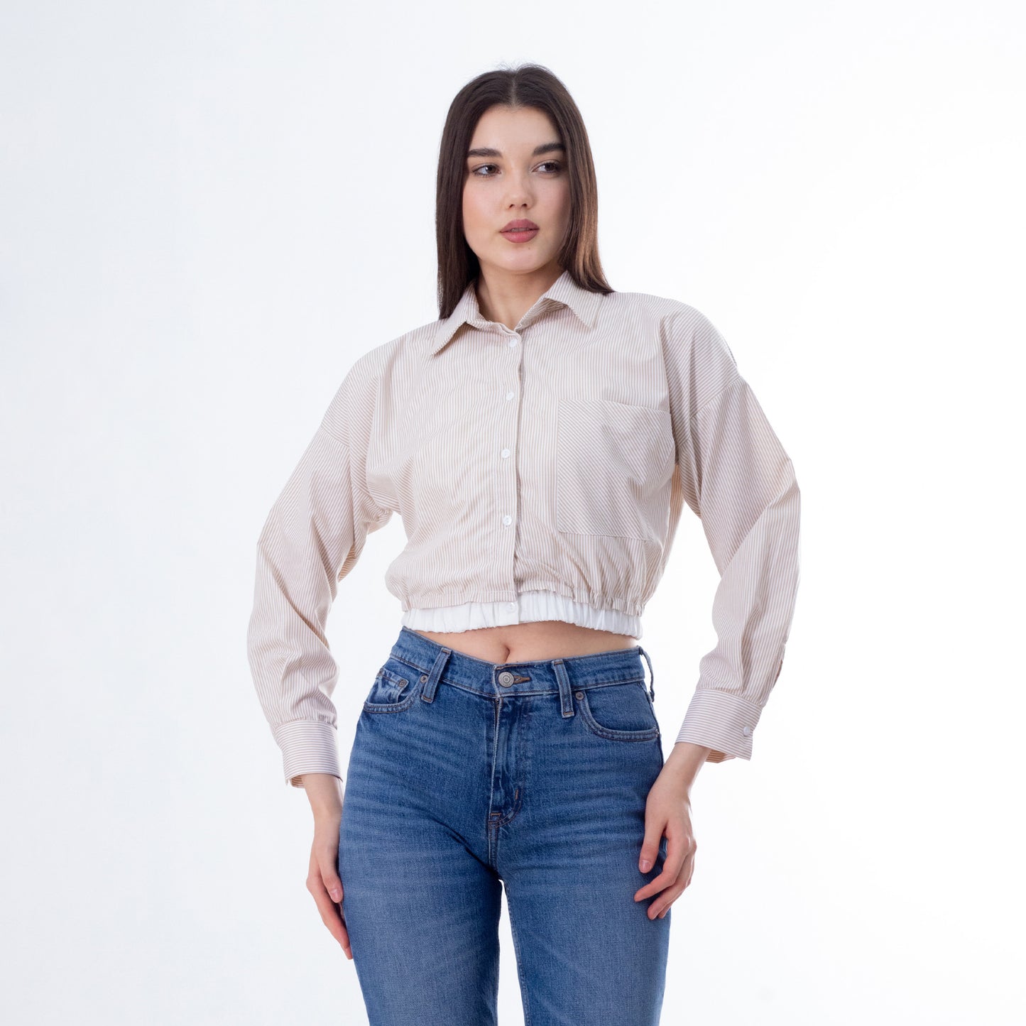 Beige Striped Cropped Blouse - بلوزة مخططة باللون البيج