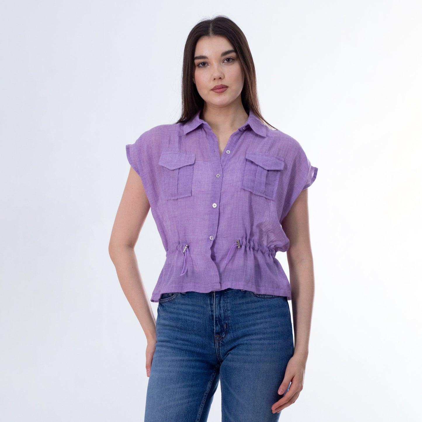 Lavender Cropped Blouse with Flap Pockets - بلوزة لافندر قصيرة مع جيوب