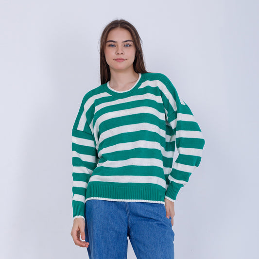 بلوفر محبوك مخطط باللونين الأخضر والأسود