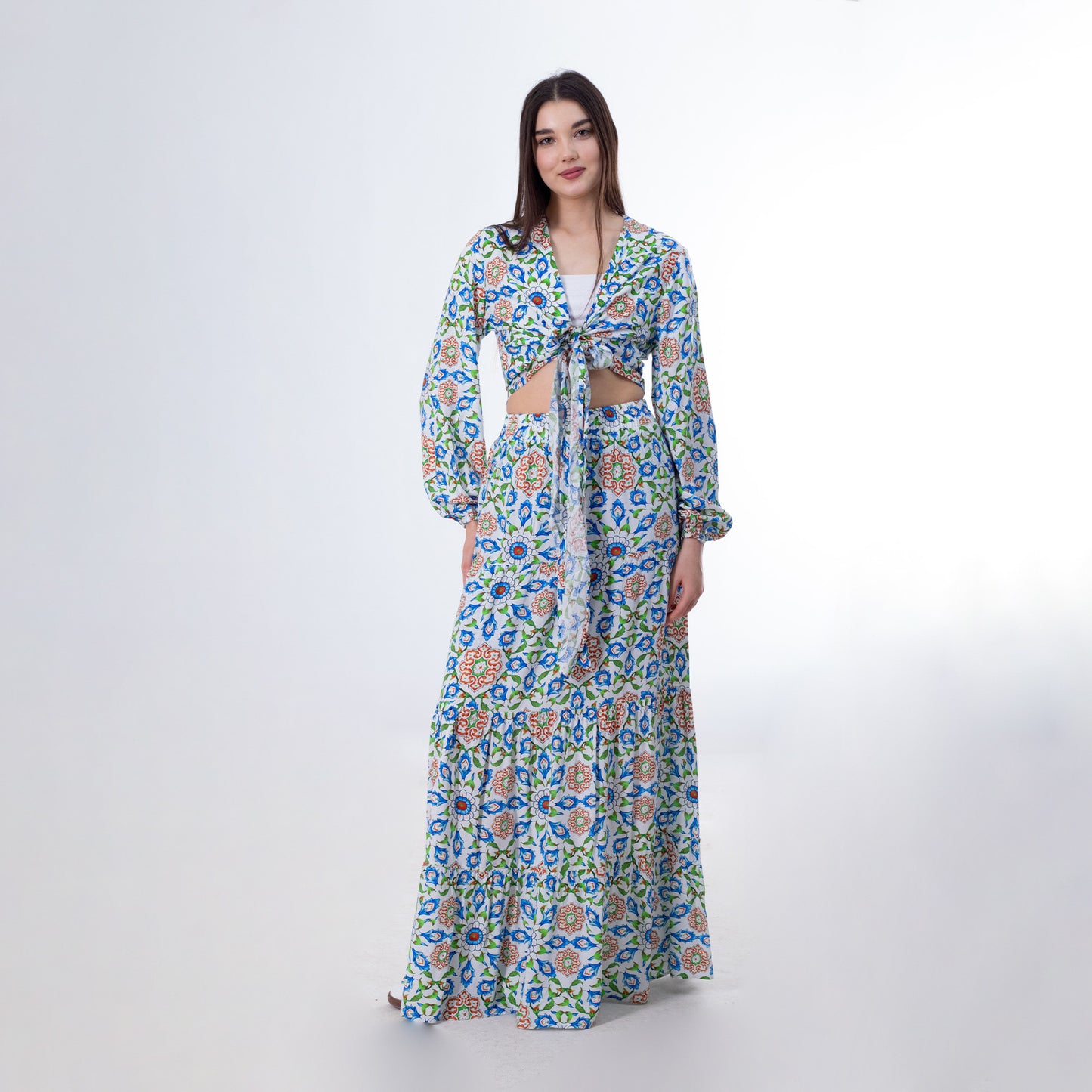 Blue 2 Pieces Set of Front Tie Blouse & Skirt - طقم أزرق مكون من قطعتين من بلوزة وتنورة برباط أمامي