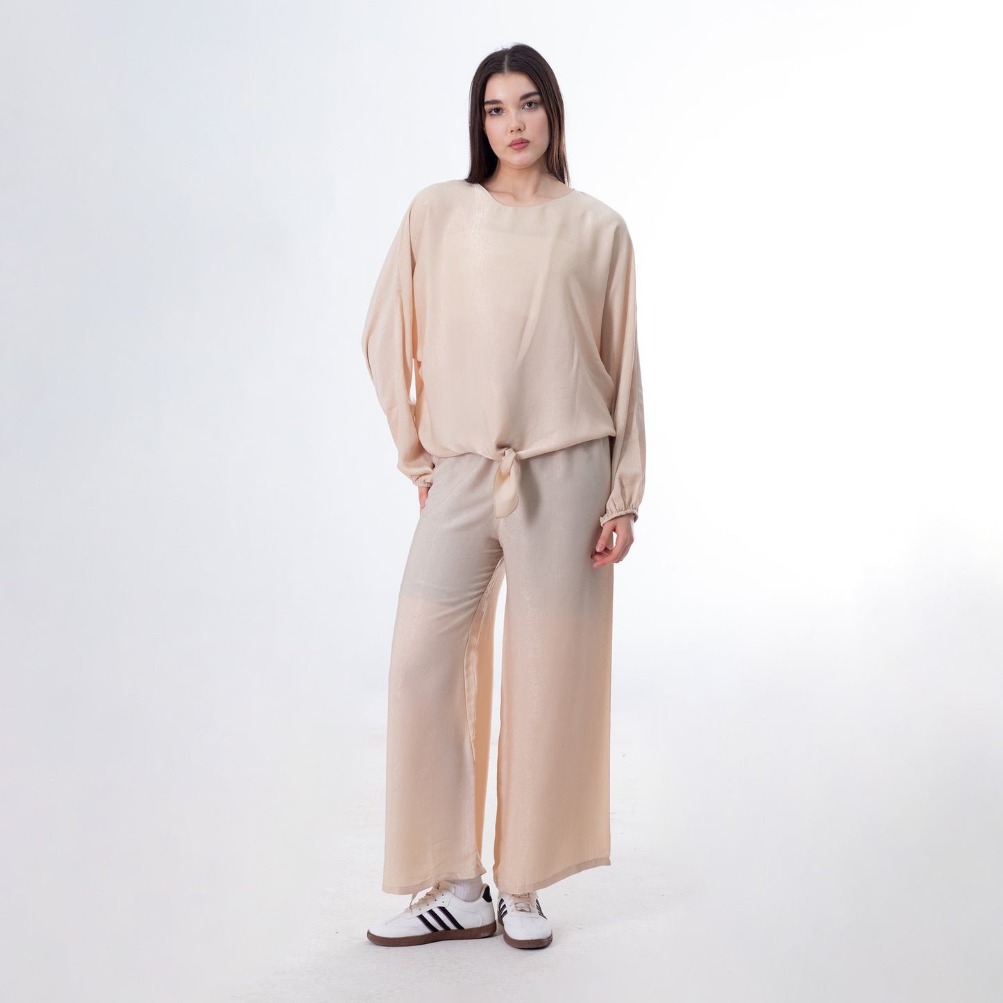 Beige Shiny Set of Waist Tie Blouse & Pants - طقم بيج لامع من بلوزة وبنطال برباط على الخصر