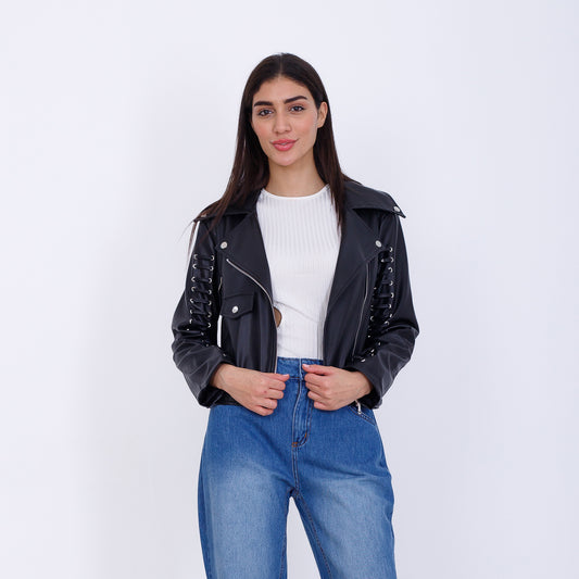 سترة جلدية سوداء كاجوال