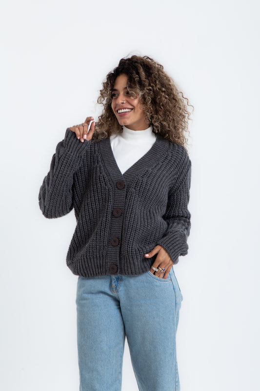 سويتر منسوج بأزرار، رمادي