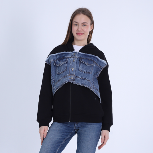 هودي ميلتون أسود مع جيوب من قماش الدنيم