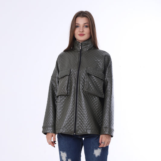 سترة جلدية كابيتون زيتونية مع جيوب بغطاء