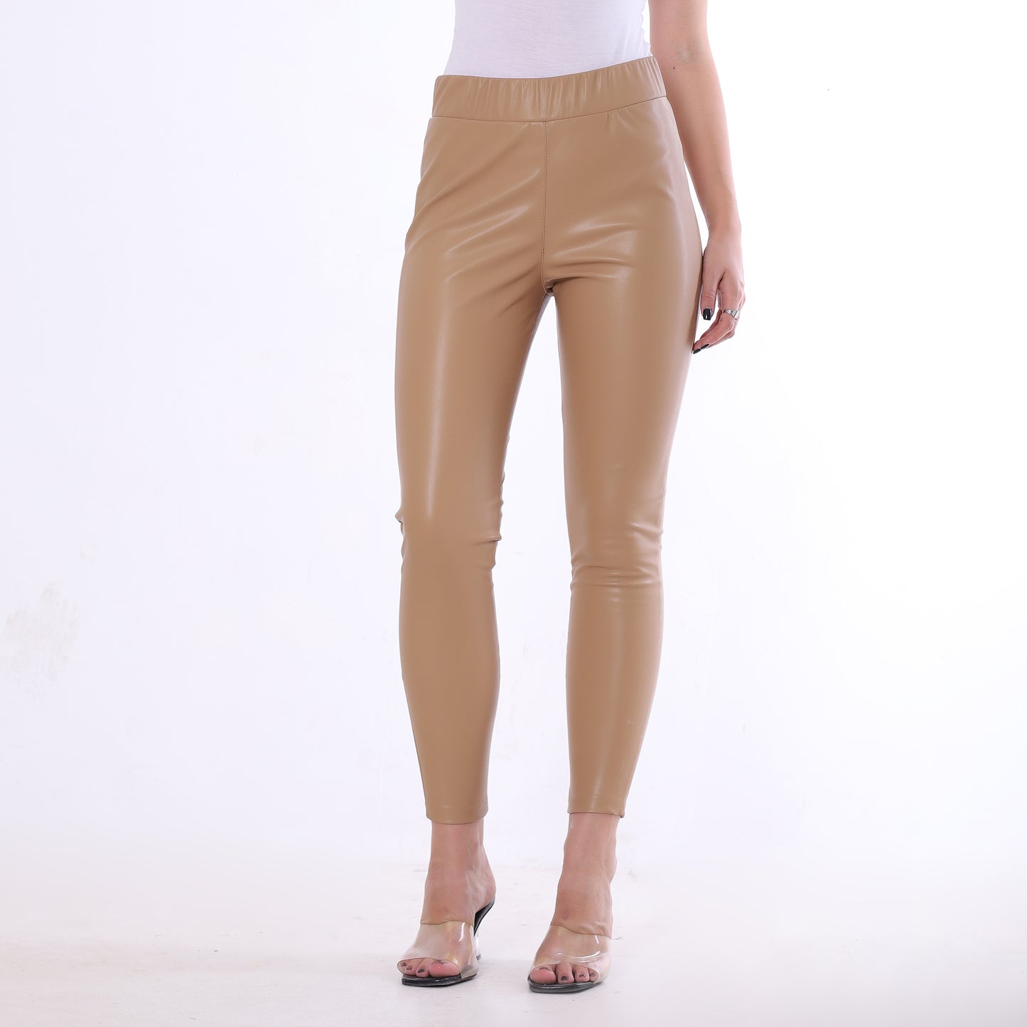 Beige Elastic Waist Slim Leather Pants