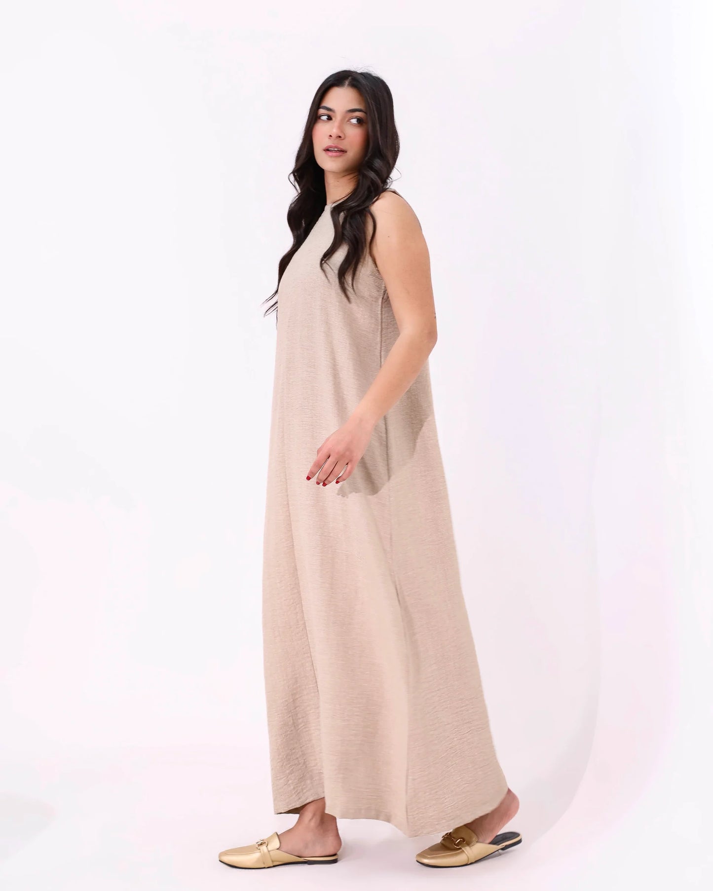 Beige Basic Sleeveless Dress