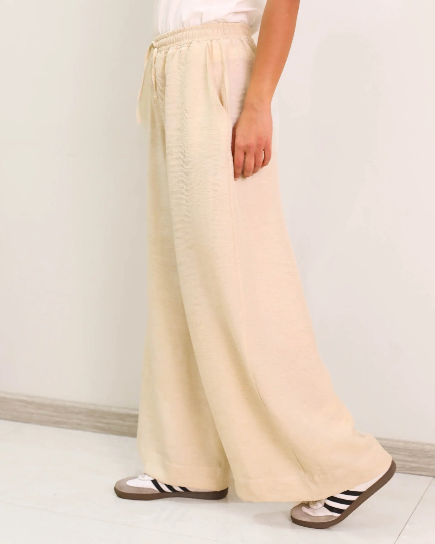 Beige Elasticated Waist Chiffon Pants
