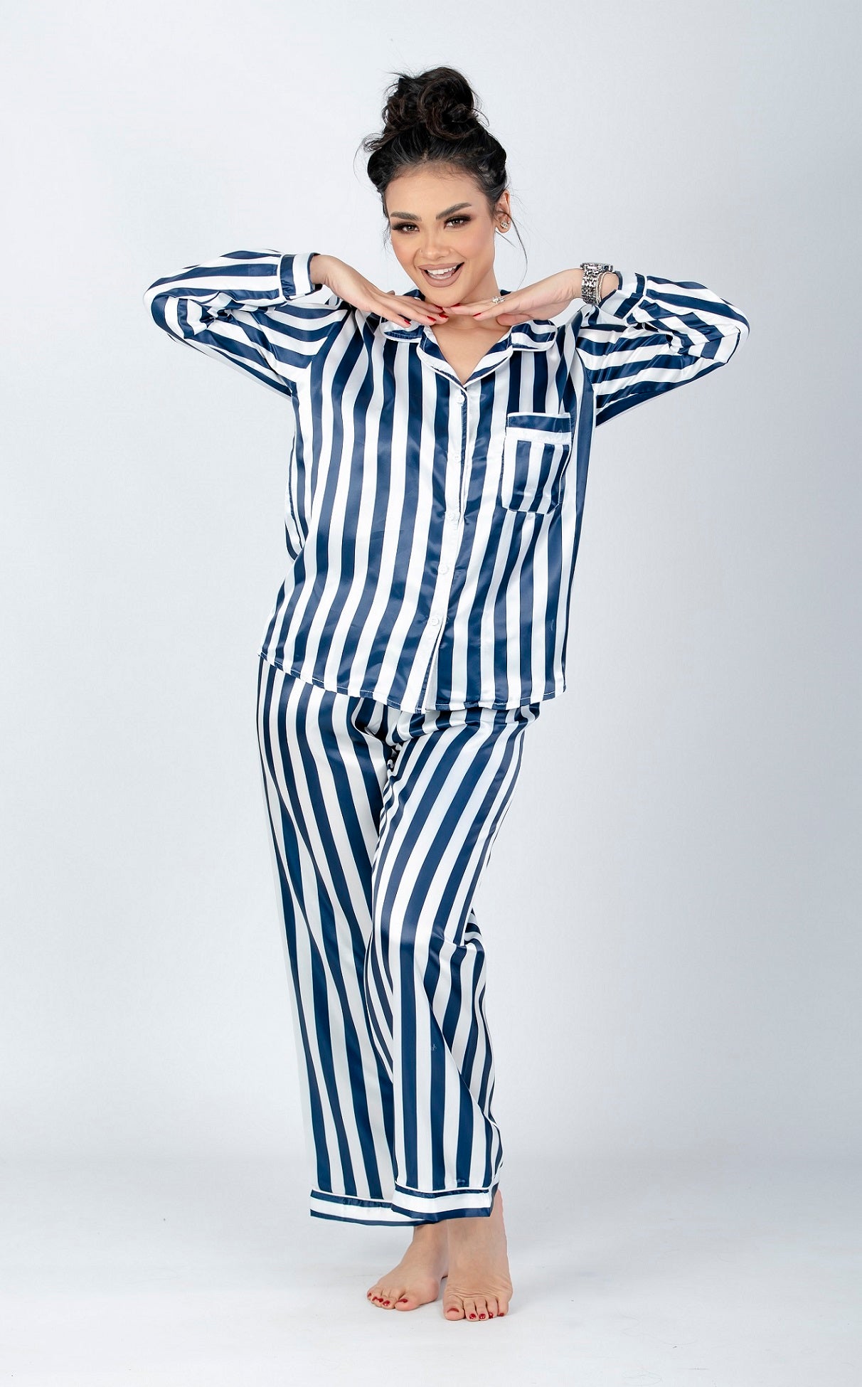 Midnight Blue Striped Satin Pajama Set