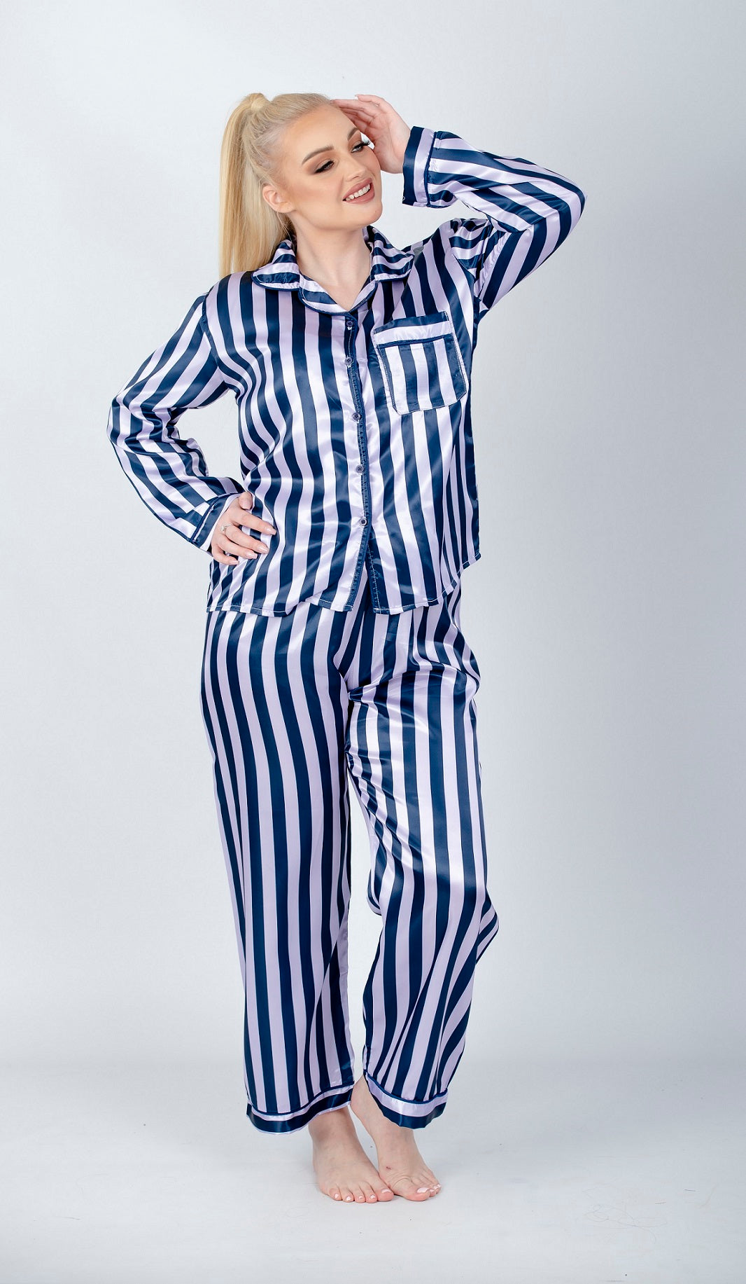 Dark Blue Striped Satin Pajama Set