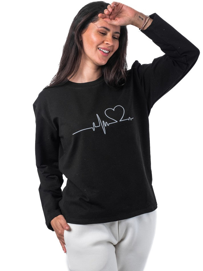 Black Heartbeats Printed T-Shirt - تي شيرت أسود مطبوع عليه نبضات قلب