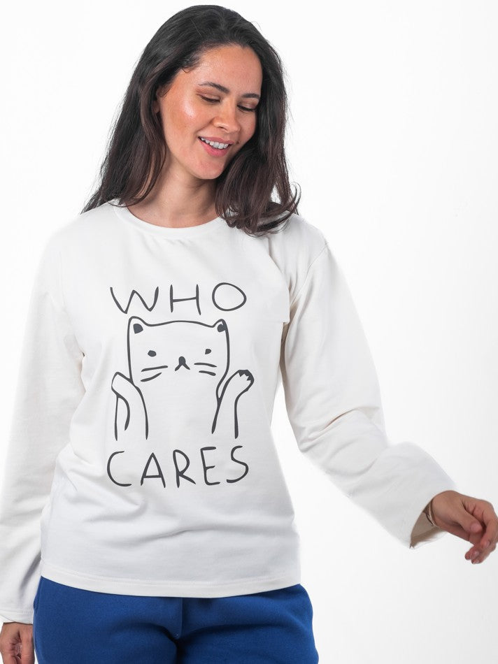 White Casual Cat Print T-Shirt - تي شيرت أبيض كاجوال بطبعة قطة