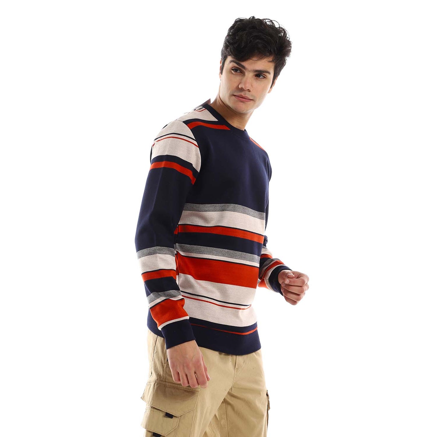 Striped Crew Neck Fleeced Pullover - بلوفر صوف مخطط برقبة دائرية