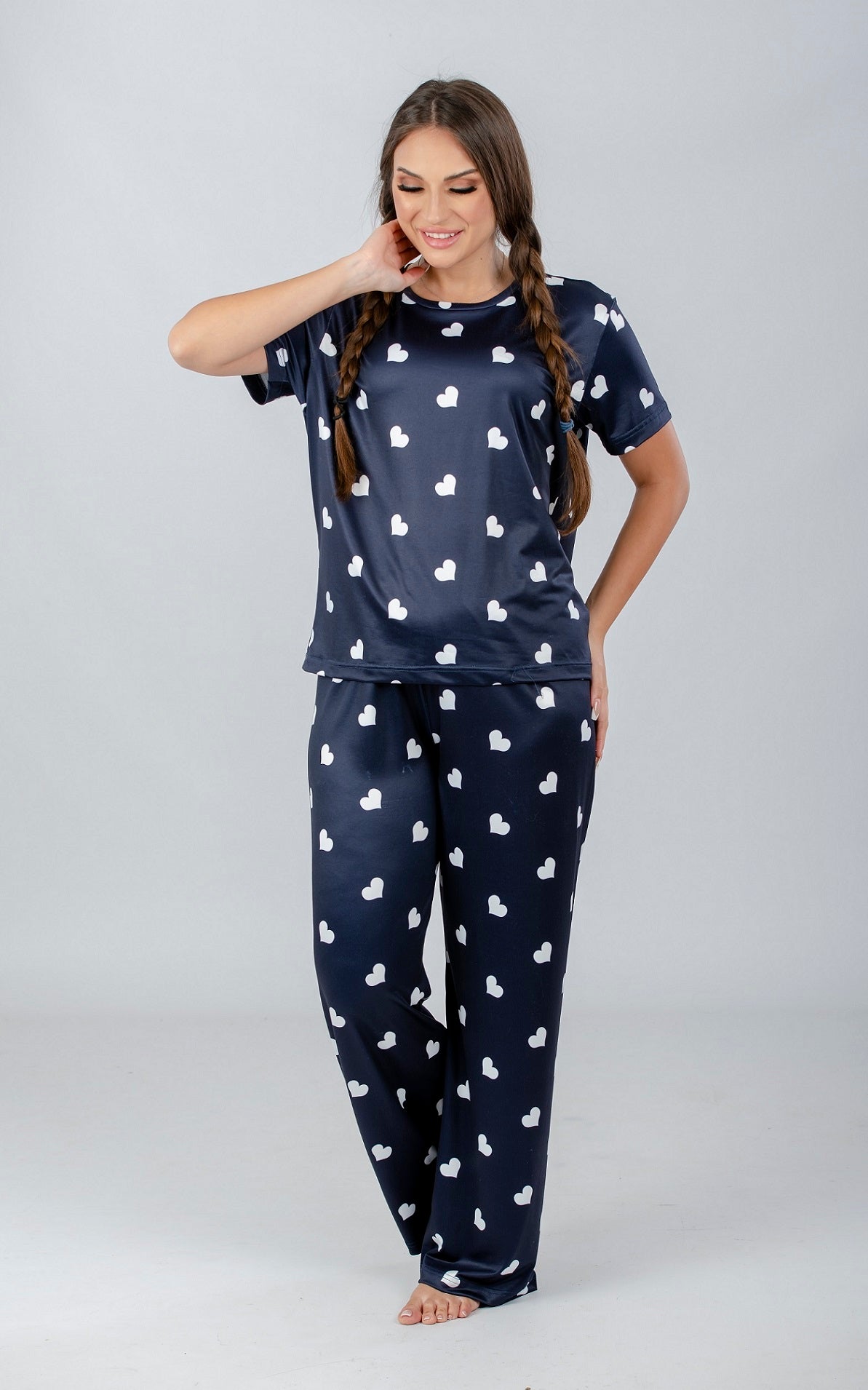 Dark Blue Hearts Printed Pajama Set