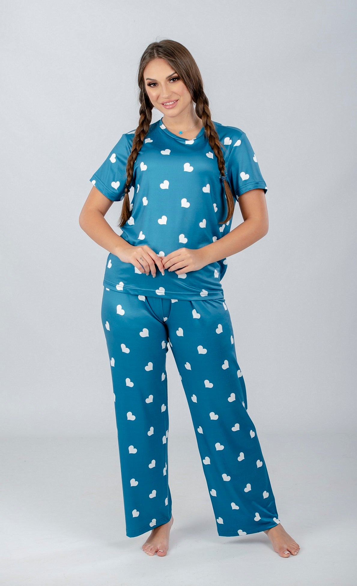 Teal Hearts Printed Pajama Set - طقم بيجامة مطبوع عليه قلوب زرقاء