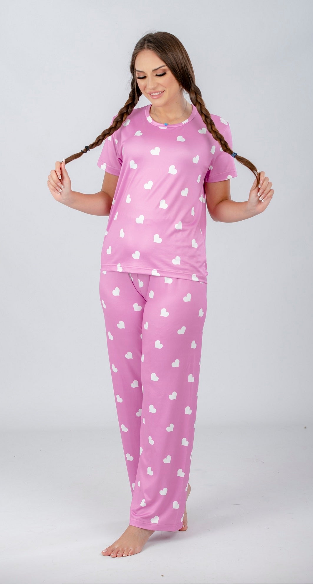 Dusty Pink Hearts Printed Pajama Set - طقم بيجامة مطبوع عليه قلوب وردية باهتة