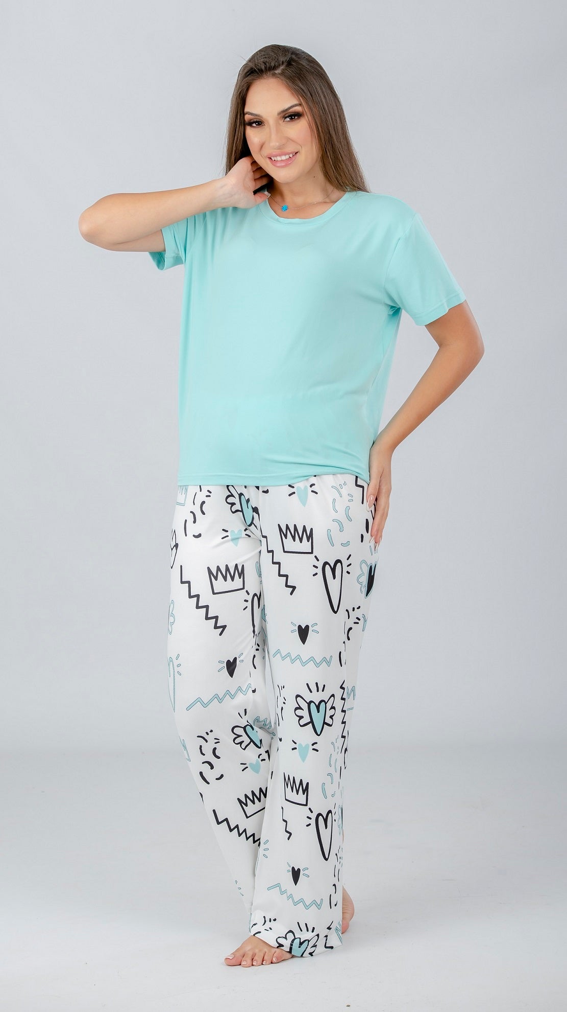 Mint Solid Top & Printed Pants Pajama Set