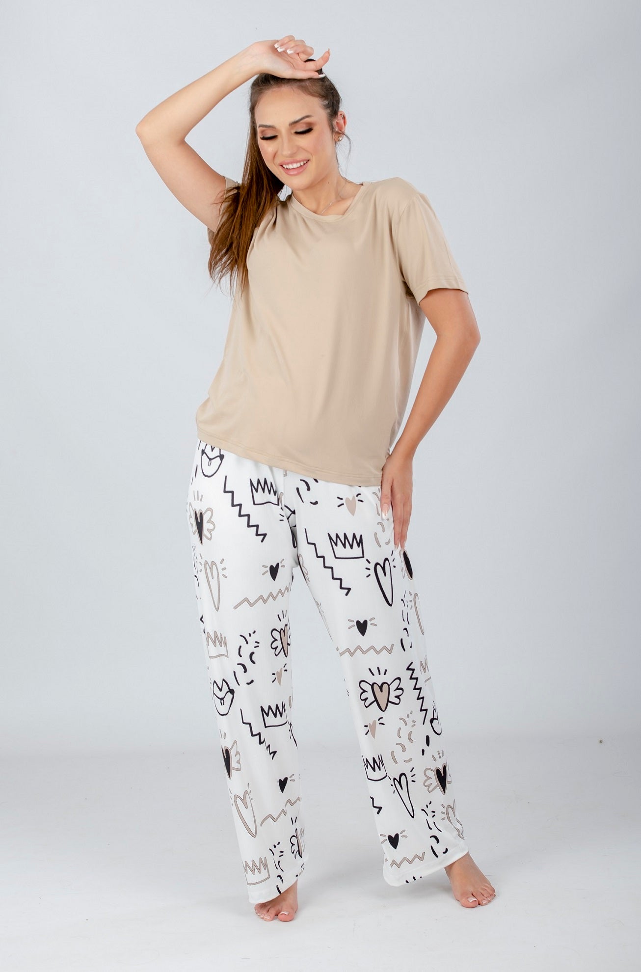 Light Coffee Solid Top & Printed Pants Pajama Set