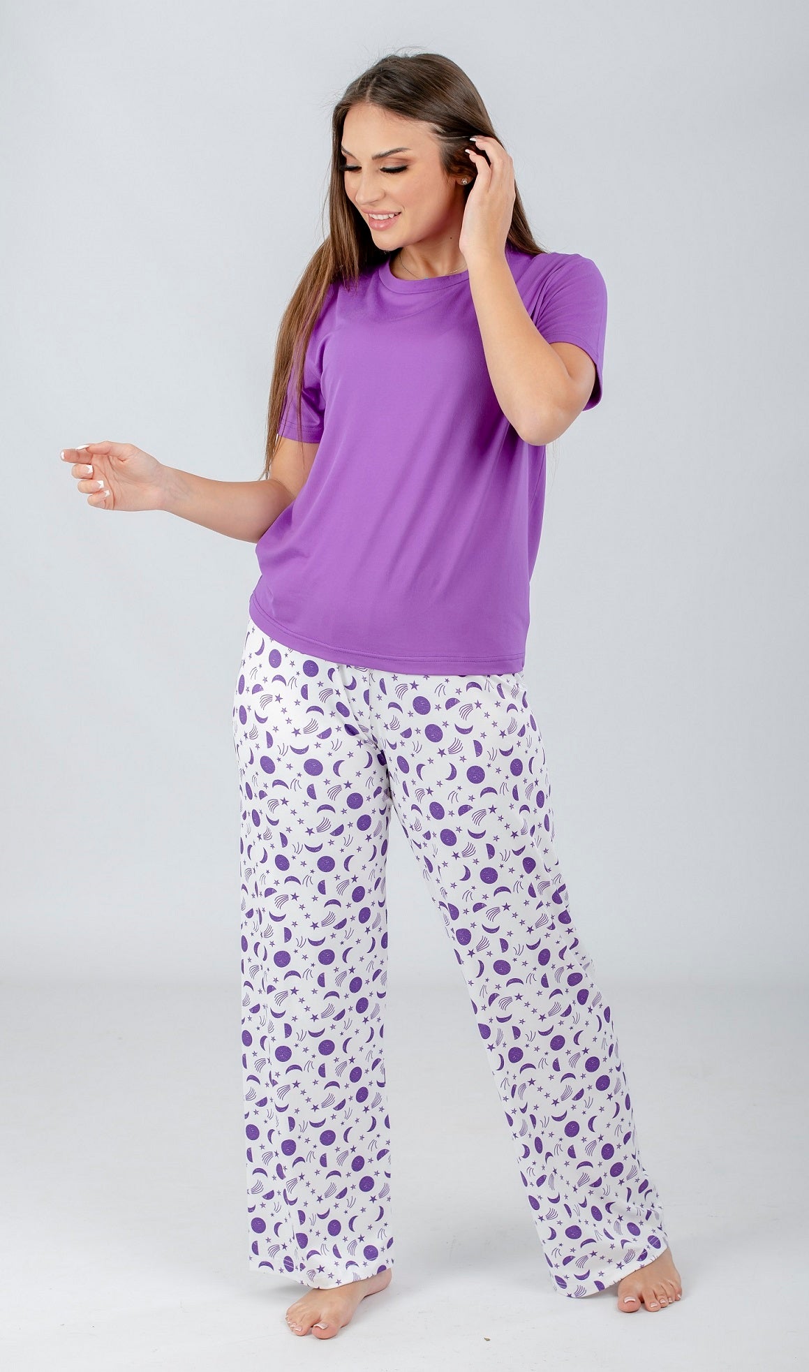 Purple Solid Top & Printed Pants Pajama Set
