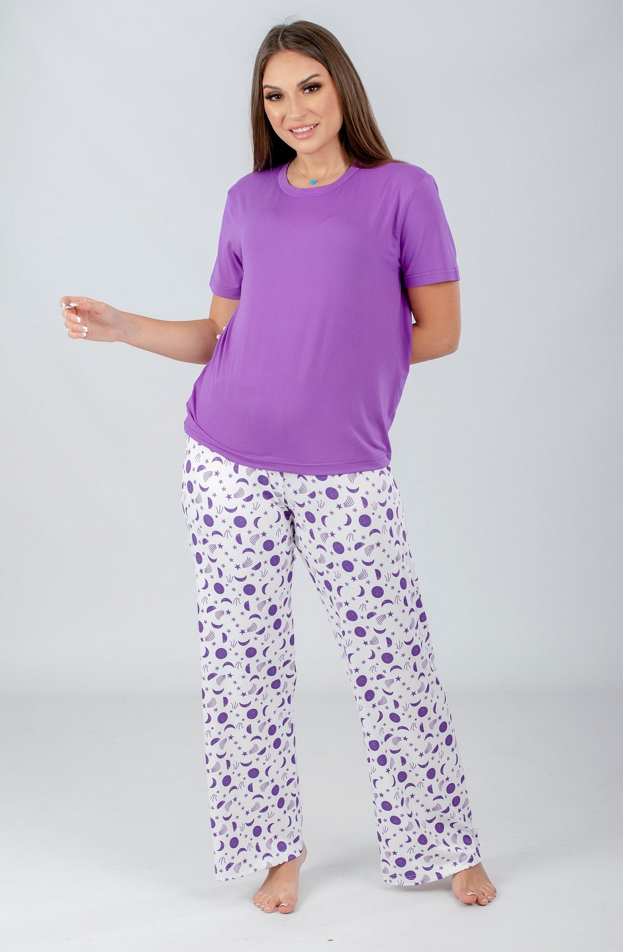 Purple Solid Top & Printed Pants Pajama Set