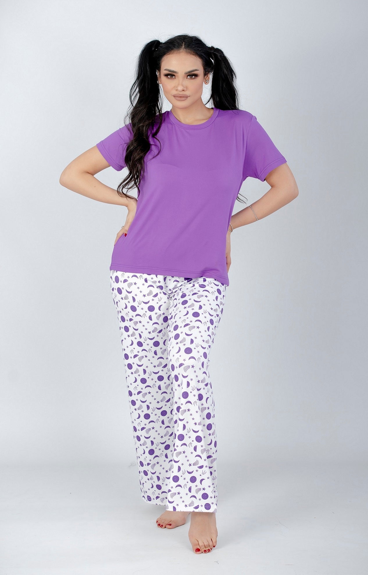 Purple Solid Top & Printed Pants Pajama Set