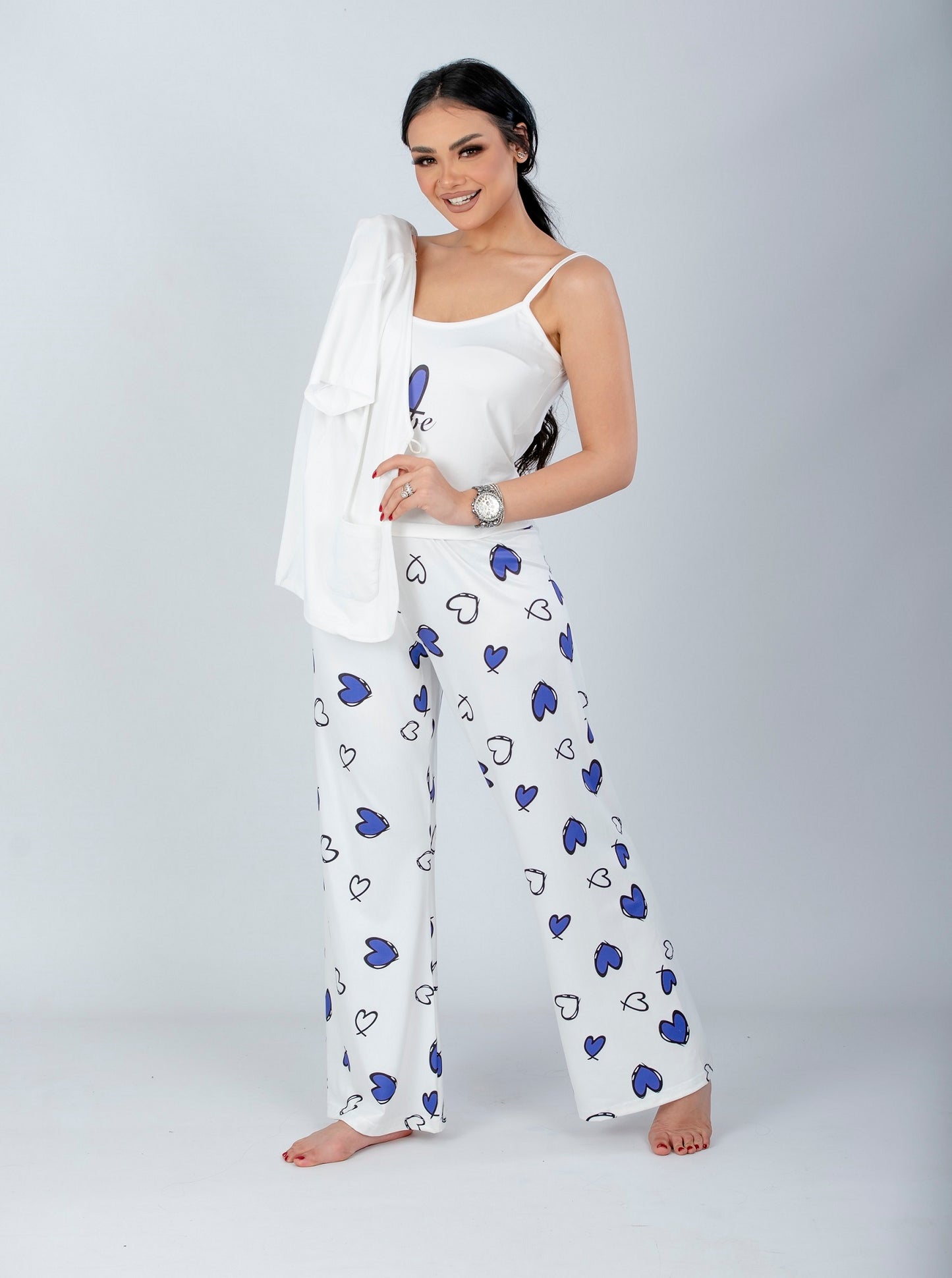 Purple 3 Pieces Heart Print Pajama Set