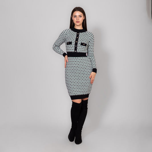 فستان ميدي أخضر محبوك مطبوع