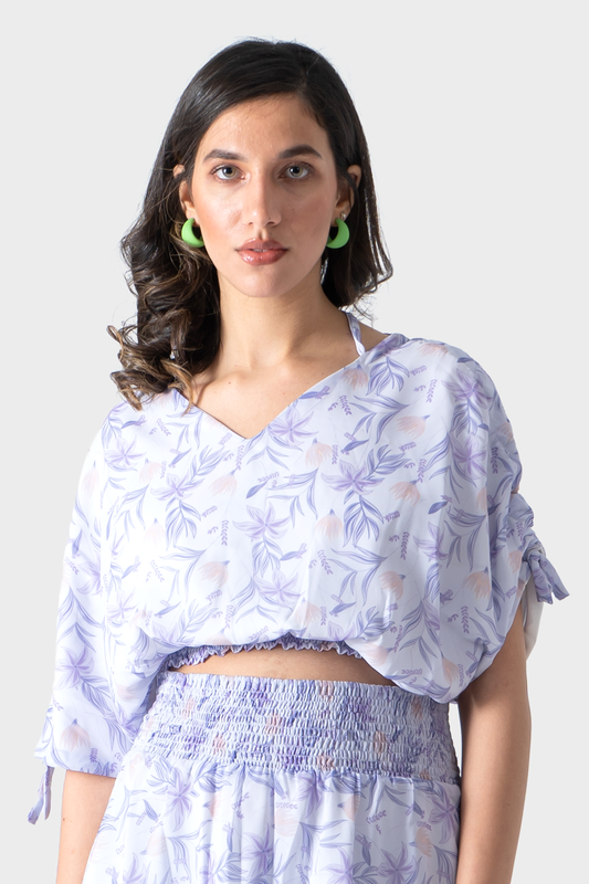 فستان ميدي مطبوع بفتحة رقبة على شكل حرف V، مجموعة من قطعتين