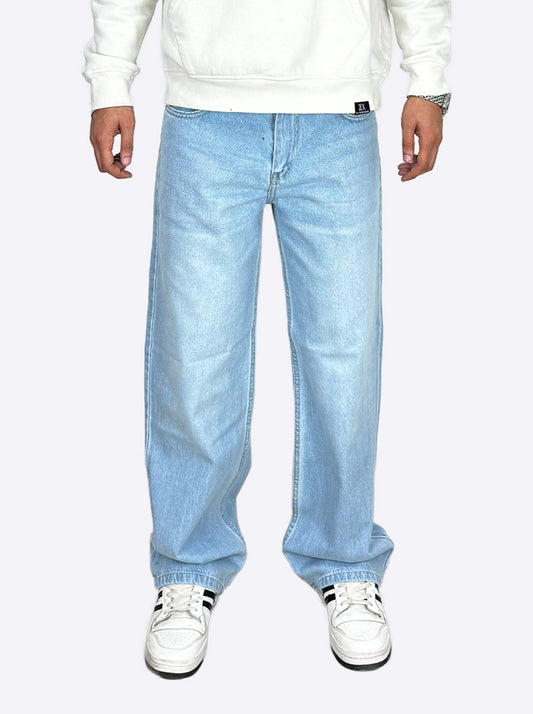 Wide Leg Cotton Jeans, Sky Blue