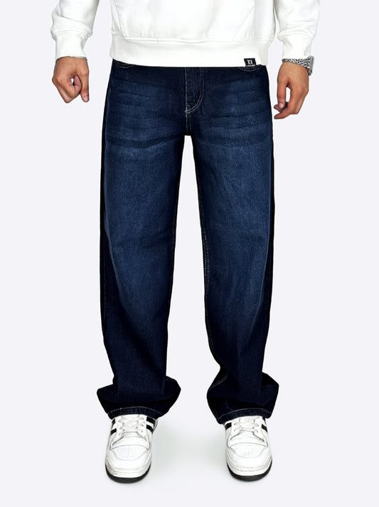 Wide Leg Cotton Jeans, Dark Blue
