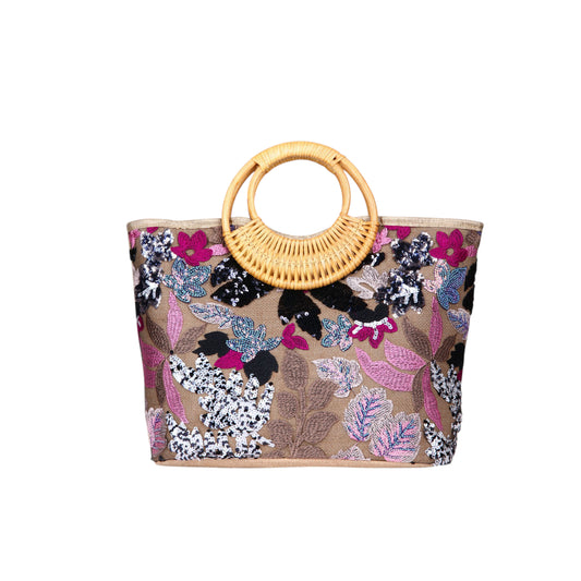 Embroidered Handbag with Wooden Handle