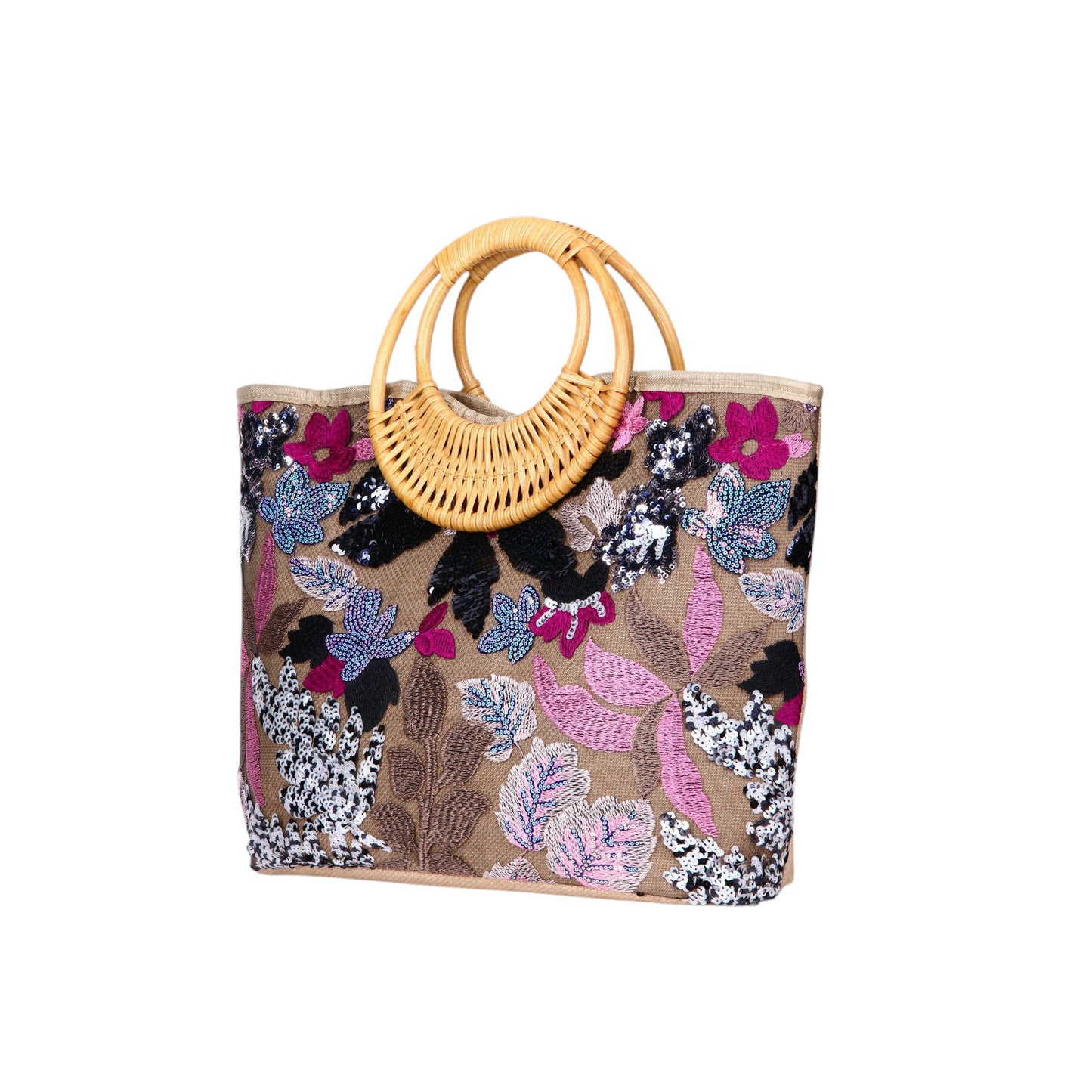 Embroidered Handbag with Wooden Handle