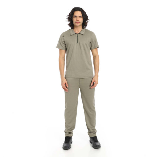 Quarter Zip Textured T-Shirt & Pants Set