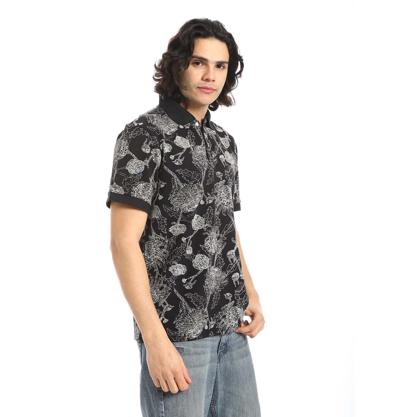 Black Printed Regular Fit Polo Shirt - تي شيرت بولو مطبوع بقصة عادية